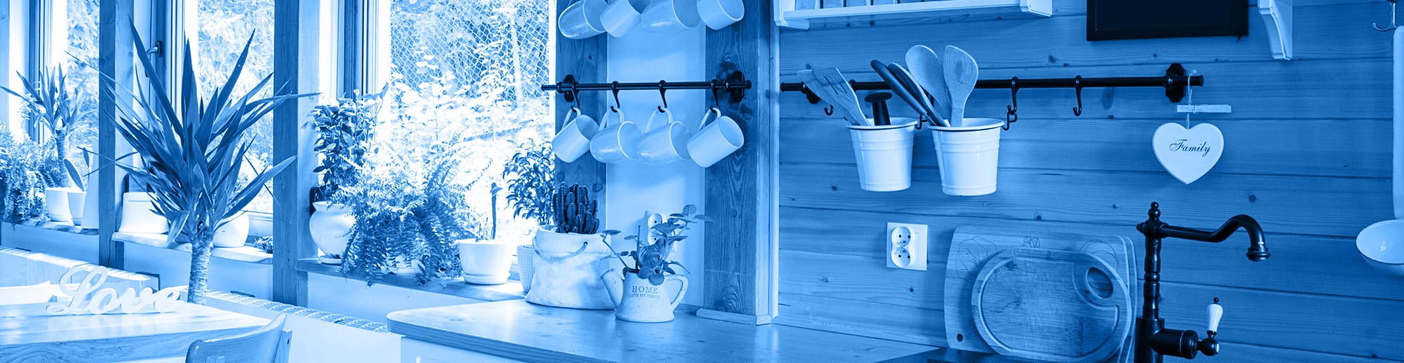 stock photo of cottage kitchen interior with sunlught coming through window with plants,all washed in monochromatic blue from the main logo